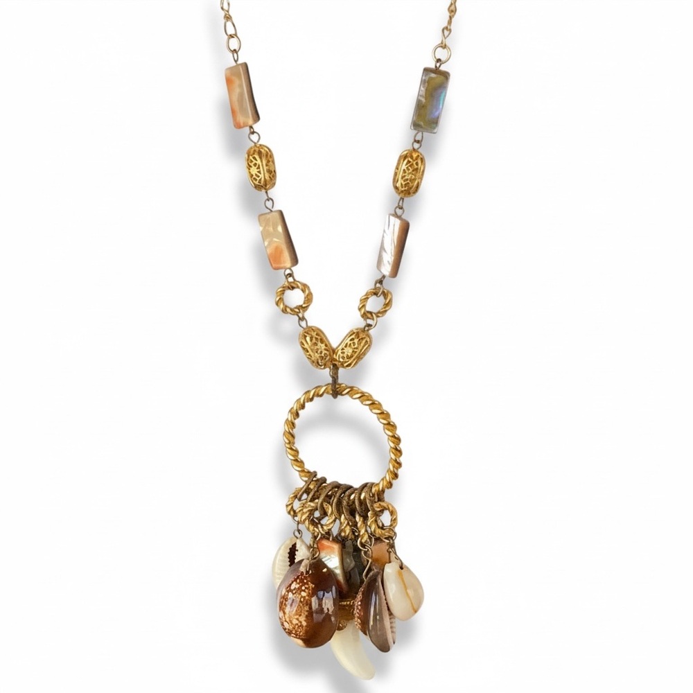 Vintage Gold Tone Shell Charm Necklace Boho Coastal